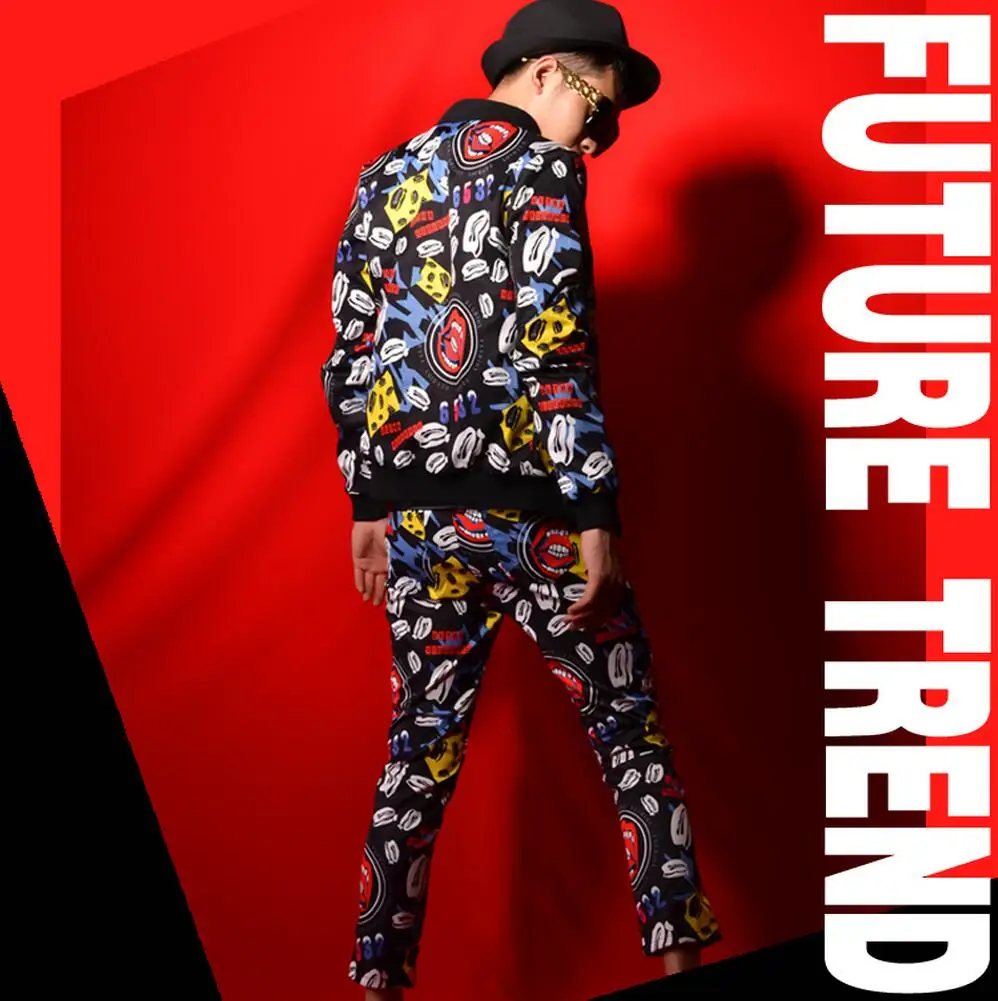 

M-5XL ! New Men singer DSDJ hip hop graffiti casual baseball jacket dress big bar bar performance coat stage costumes !