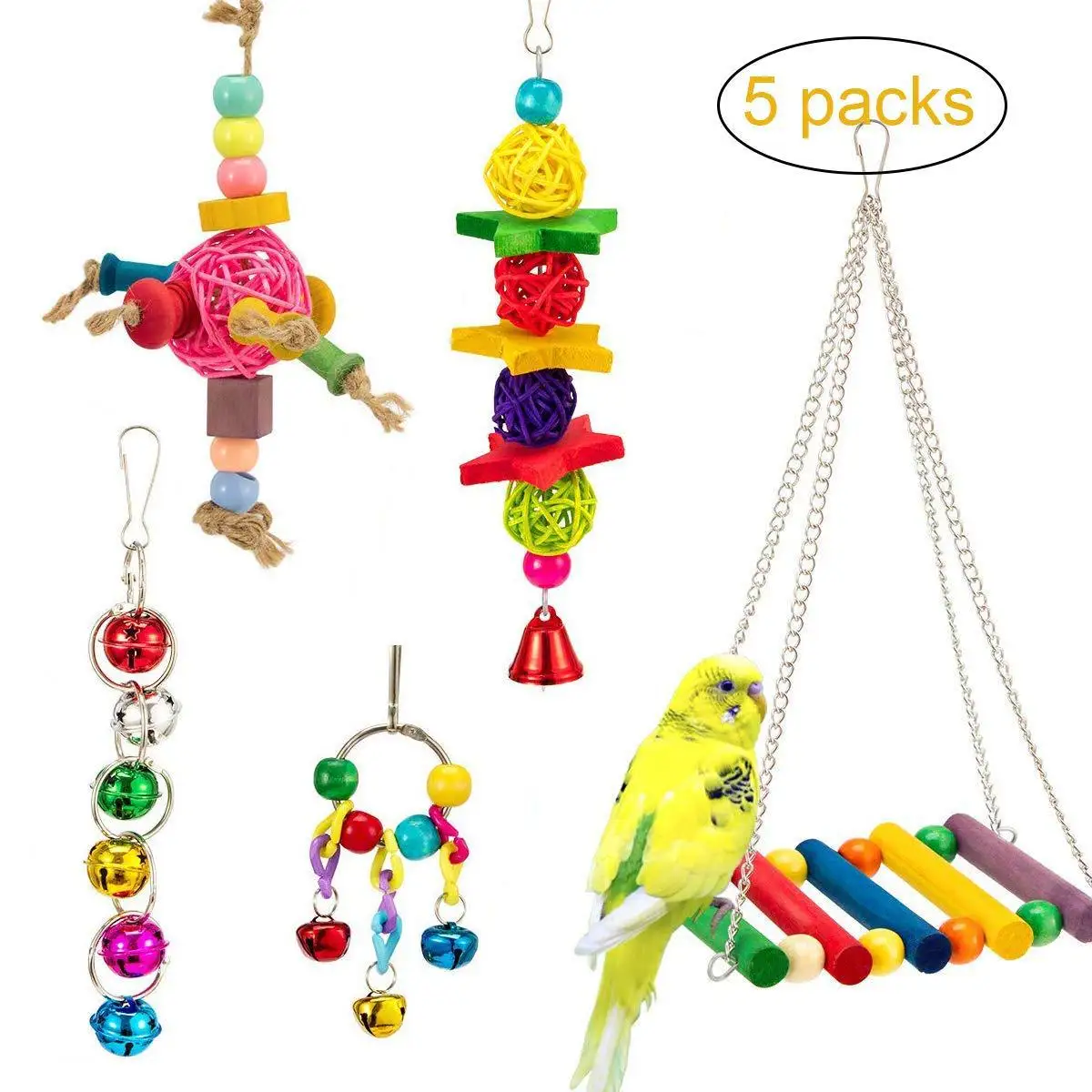 

5PCS Parrot Bites Toy Bird Wood Stand Bird Bell Toy bird toys