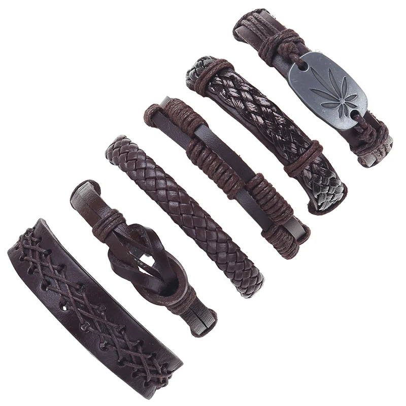 6pcs/set punk hippie dark brown Leather cord braiding knots maple tree leaf tag cross charm Layer wrap Bracelets Bangles for man | Украшения