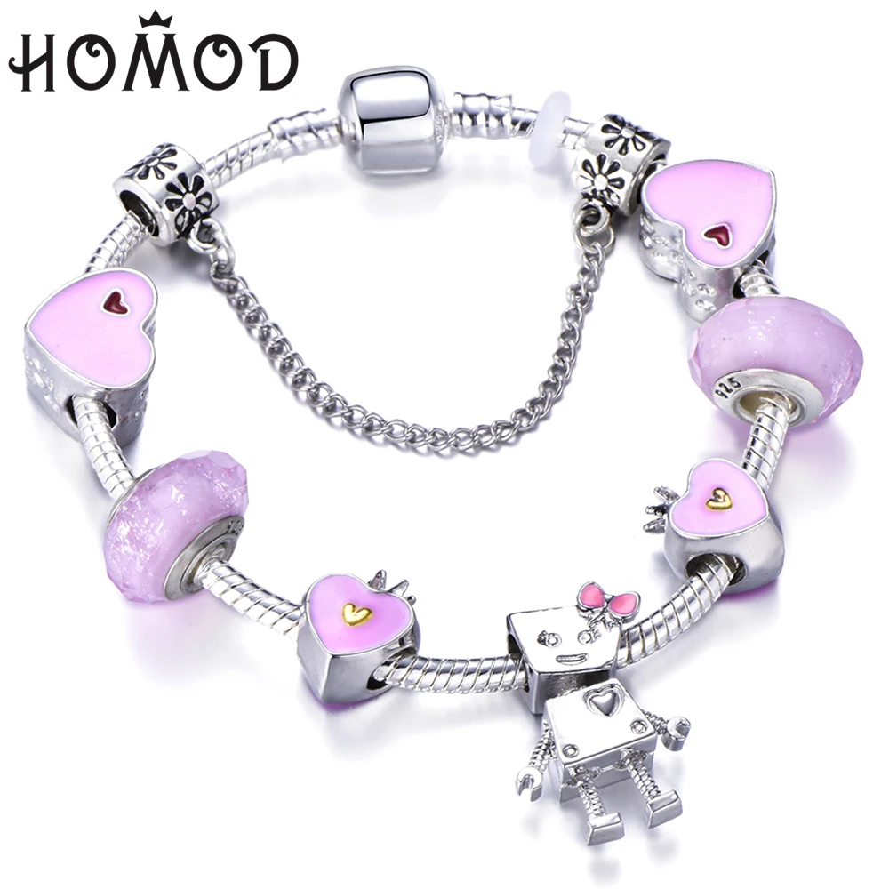 

HOMOD Pink European Crystal Crown Charm Bracelet for Women Silver Color Chain Fits Brand Bracelets For Women