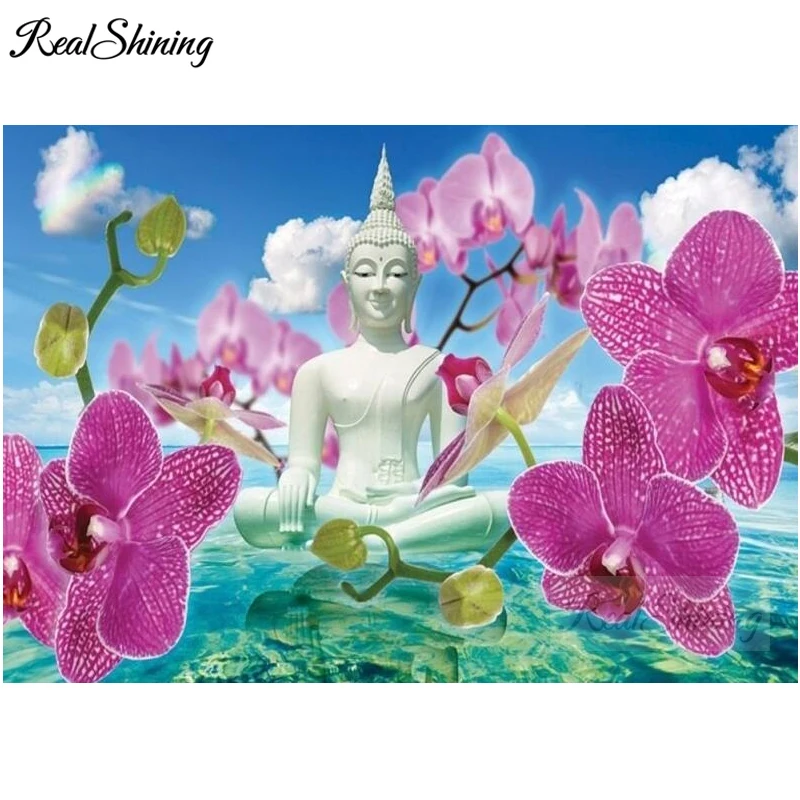 Полноразмерная/круглая Алмазная 5D картина сделай сам из дзен камня орхидеи Будды