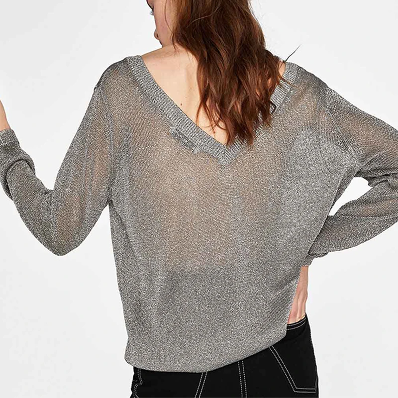 HDY Haoduoyi V Nneck Knit Micro Perspective Bright Light Metal Shiny Sweater 2020 New Ladies Simple Youth Bottoming | Женская одежда
