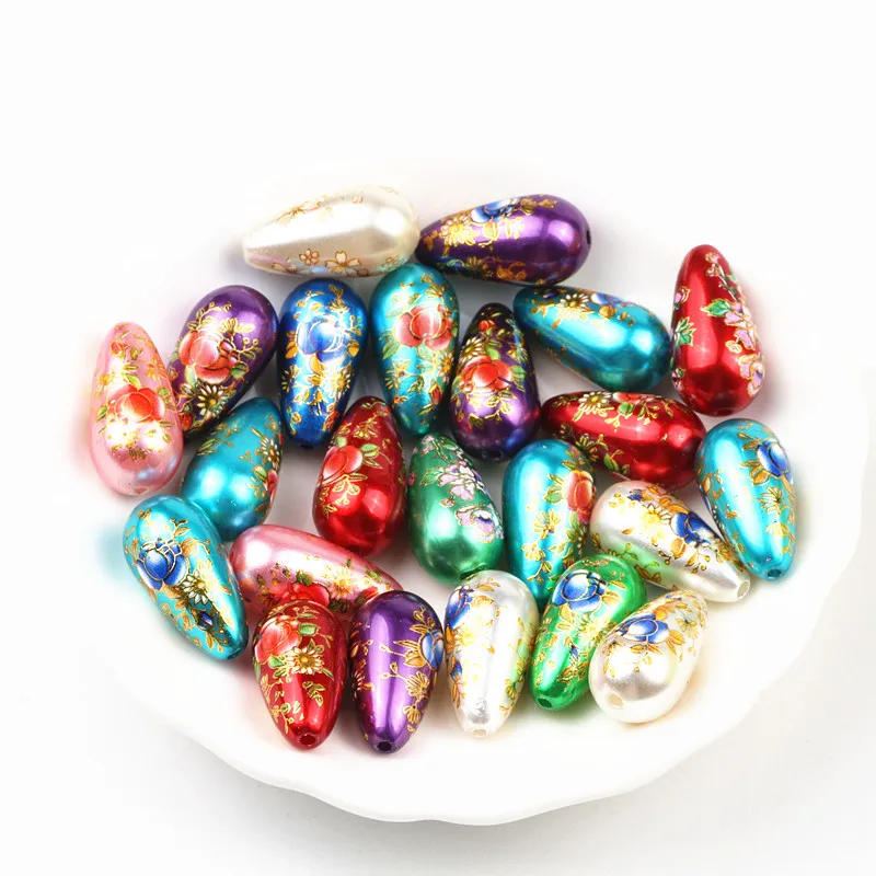 

21x11mm Mix Color Printed Flower Teardrop Beads Straight Hole Water Drop Beads For DIY Jewelry Earrings Making 10pcs