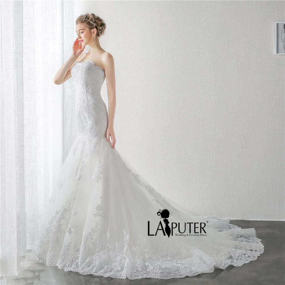 Elegant Strapless Lace-up Back Court Train Sleeveless Lace Appliques Mermaid Wedding Dresses Cheap Bridal Gowns | Свадьбы и
