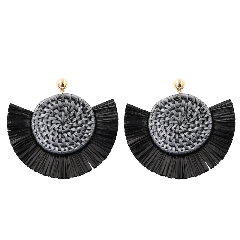 A23760-Black Леопардовые плетеные Висячие серьги для женщин, богемная кисточка из рафии, серьги с геометрическим плетением из ротанга, трендовые серьги - Окраска металла: A23760-Black