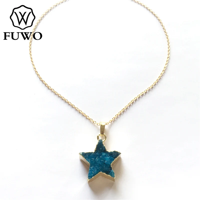 

FUWO Fashion Carved Star Shape Druzy Necklace With 24K Gold Filled Brass Chain High Quality Anti-fading Bohemia Jewelry NC065