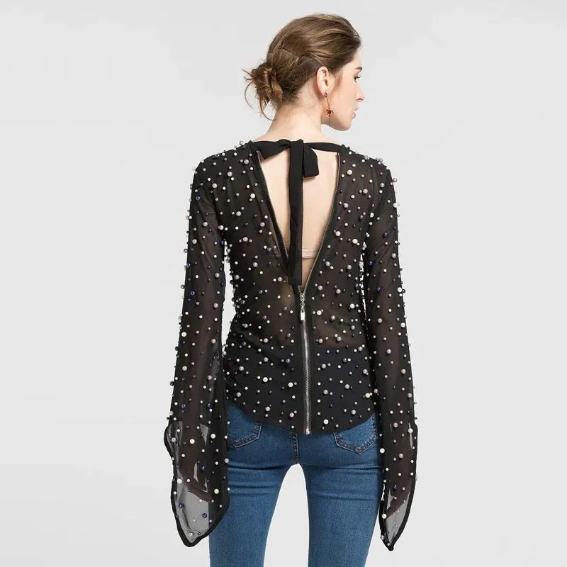 Роскошная блузка с бисером привлекательная Прозрачная женская высокого