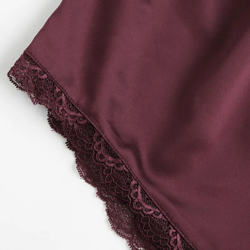Без рукавов кружевной отделкой Satin Cami and Shorts 2018 новый комплект бордовый с v