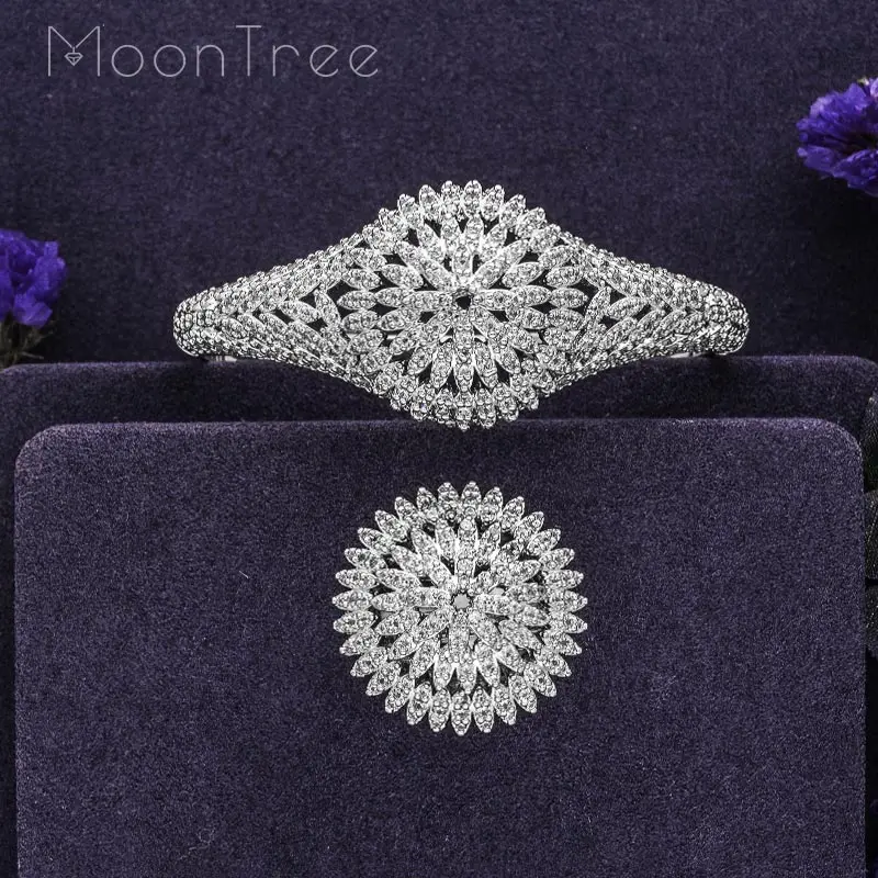 MoonTree модные роскошные супер блестящие AAA кубического циркония серебро Цвет Медь для женщин ширина браслет и кольцо комплект