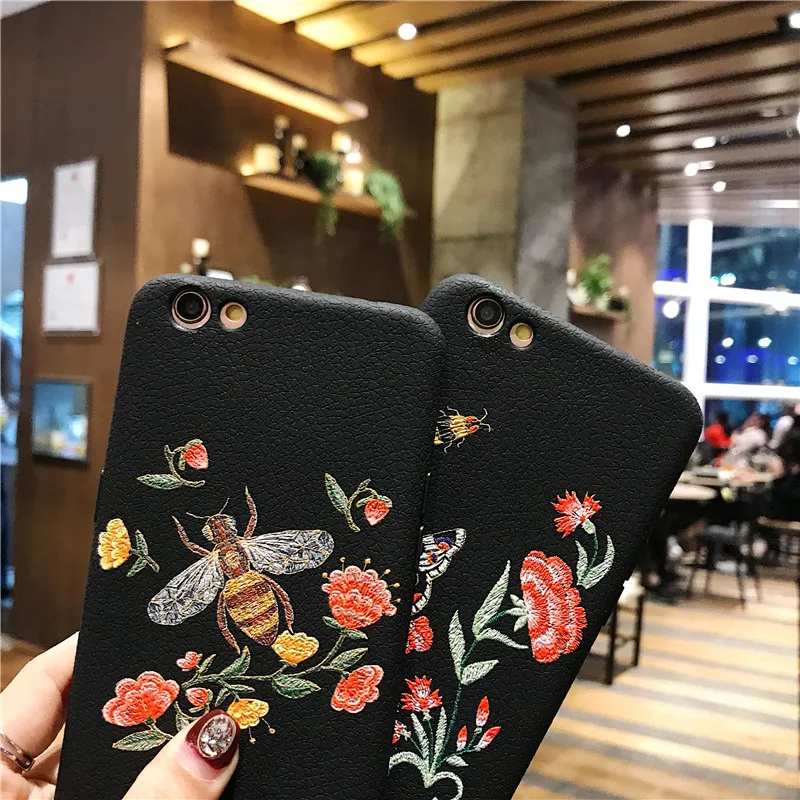 Черный мягкий чехол из ТПУ с вышивкой бабочки и пчелы для iphone8 7 6 6S PLUS X 5 SE телефона