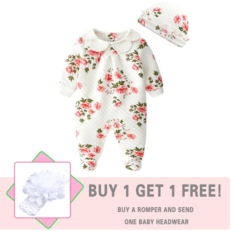 flower white Одежда для маленьких девочек с цветочным рисунком; Хлопковые комбинезоны для новорожденных; Одежда для новорожденных с длинными рукавами; шапки; осенне-зимний костюм для младенцев - Цвет: flower white