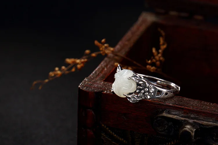 KJJEAXCMY boutique jewelry S925 Sterling Silver retro Thai silver natural Hetian jade white inlaid lotus flower lady openin | Украшения и
