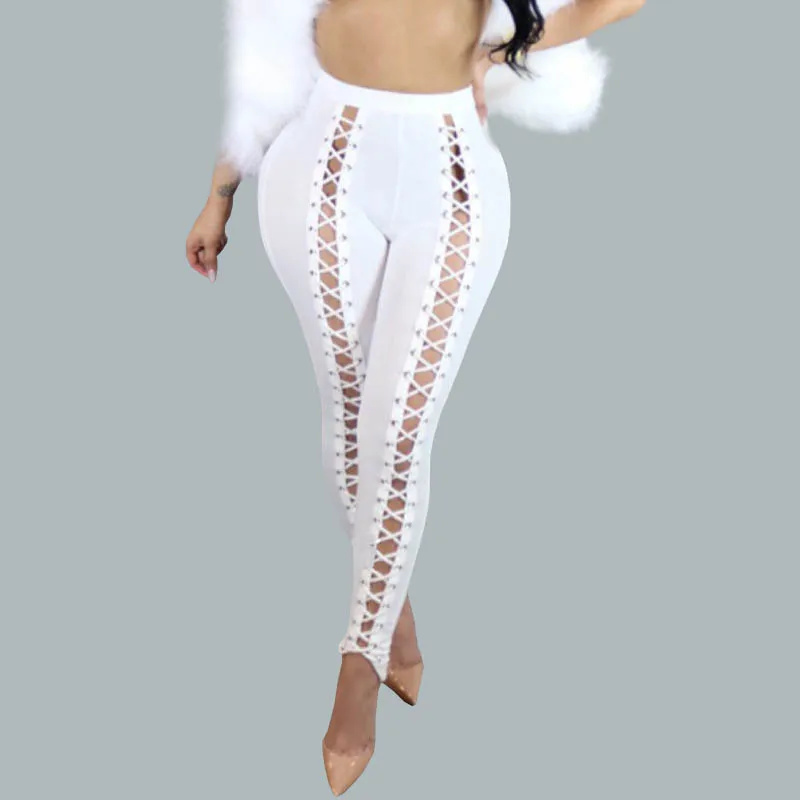 Модные выдалбливают Pantalon Femme черные обтягивающие брюки бандажные брюки женские брюки длиной до лодыжки черные леггинсы в дырочку - Цвет: Белый