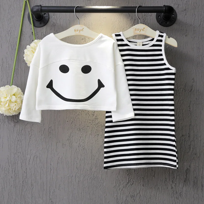 2017 Весна Осень Мода Стиль Девушки Одежда Наборы Дети Полоса Жилет Юбка Рукава