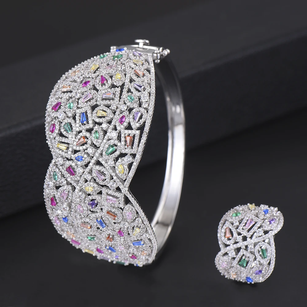 2PCS Jewelry Set Indian Style Wide Surface Full Cubic Zirconia Bangle Bracelet Ring jewelry sets For Women Engagement | Украшения и