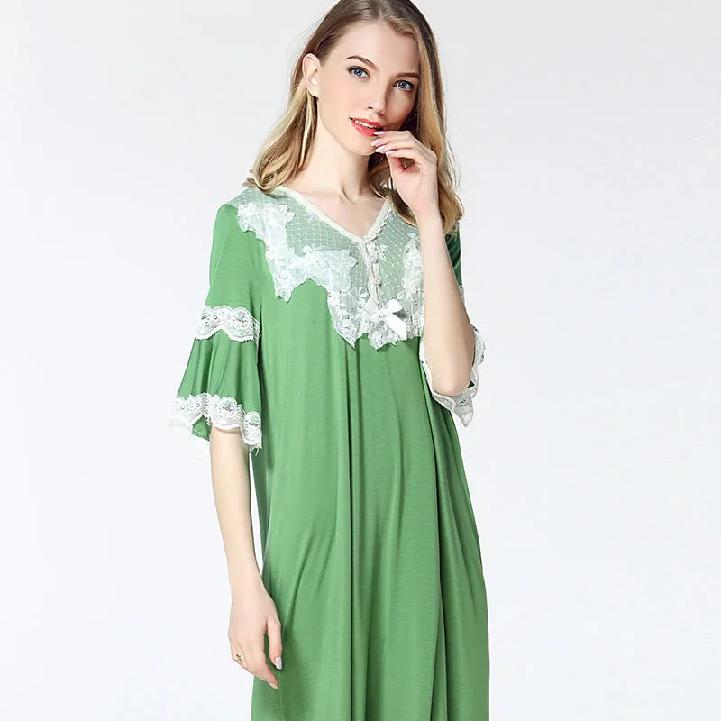 New Women Lace Princess Gowns Female Summer Casual Lace Floral Patchwork Nightgown Lady Elegant Sleep Dress L17046