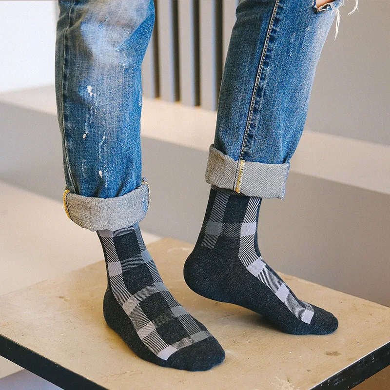 1Pair/lot Fashion Gird Cotton Socks For Men Blue Black Casual Classic Business Mujer Winter Soft Calcetine | Мужская одежда