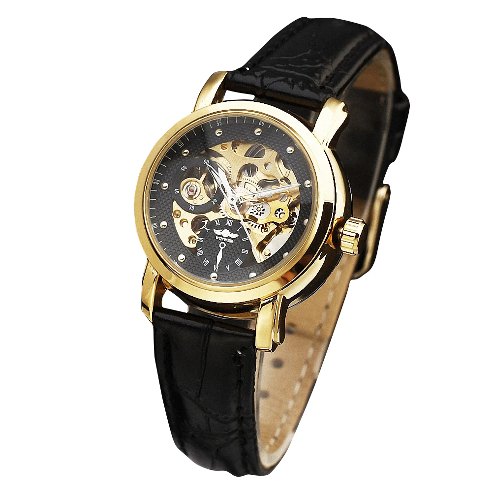 Женские автоматические механические часы WINNER черные наручные с кожаным ремешком