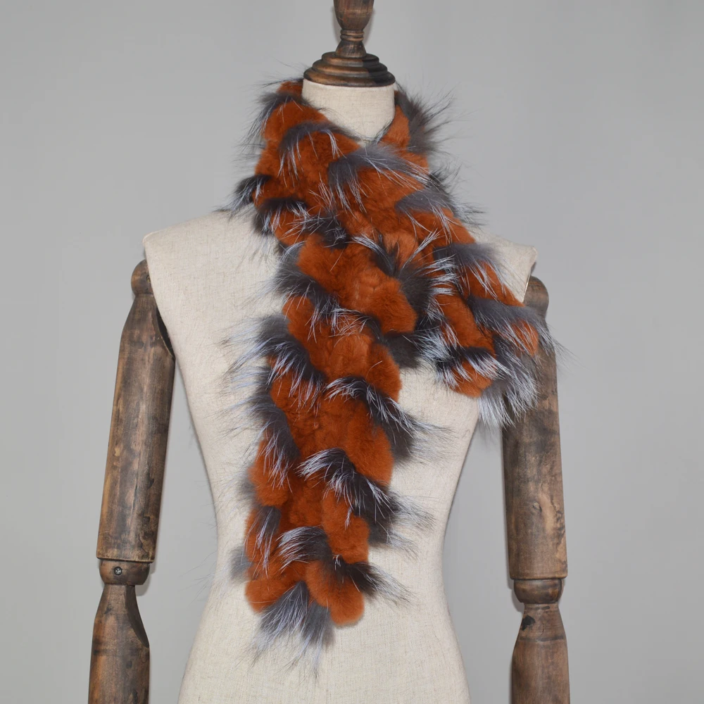 2020 New Women Winter Genuine Fox Fur Scarfs Lady Warm Knit Real Rex Rabbit Muffler 100% Natural Soft Scarves |