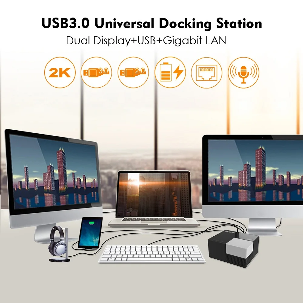 Wavlink 9 портов Универсальная док-станция USB 3,0 Двойной видео дисплей 4 Гб DVI HDMI VGA до 2048*1152 usb-хаб Быстрая зарядка гигабит