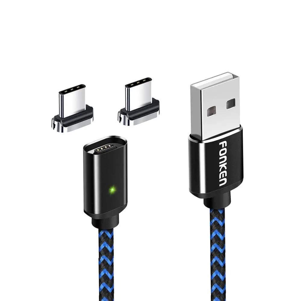 FONKEN usb type C Магнитный кабель для зарядки мобильного телефона USB-C Магнитный шнур USB зарядное устройство 3A кабель для быстрой зарядки 1 м 2 м провода для передачи данных - Цвет: 2 Plug 1 Black Cable