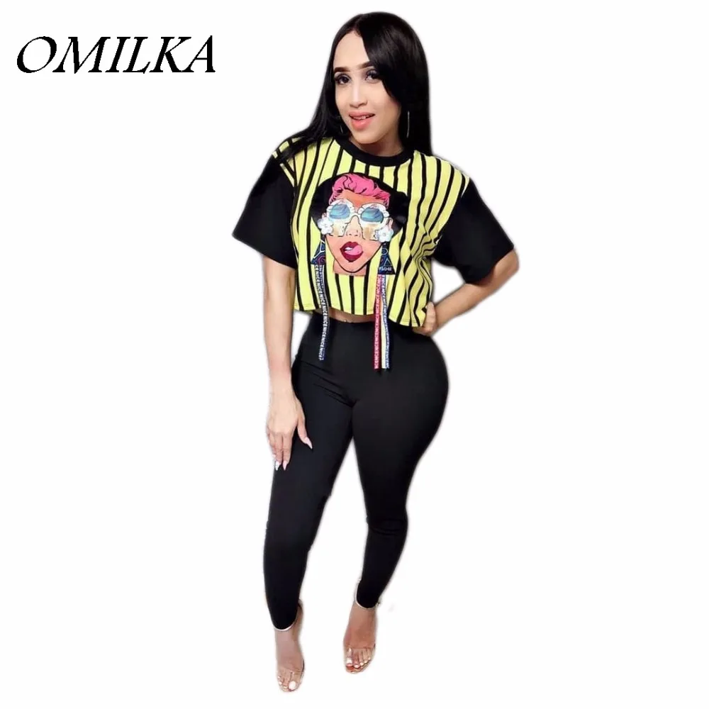 

OMILKA 2018 Summer Women Short Sleeve Striped Cartoon Printed Crop Top and Long Pants Set Casual Street 2 Piece Clothing Set