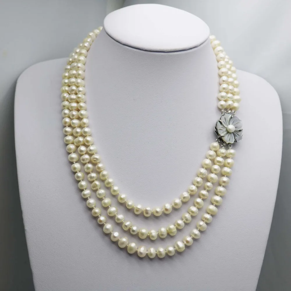 Модное популярное ожерелье с натуральным белым жемчугом 3 ряда цепочка на шею