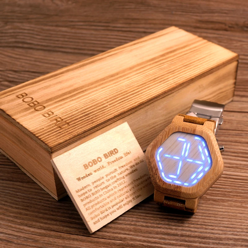 

BOBO BIRD Men Watches Top Brand Luxury LED Digital Bamboo Watch Bamboo Band Wristwatches relogio masculino B-E03