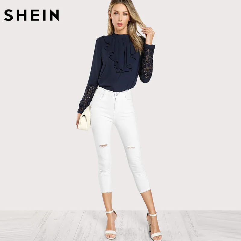 SHEIN Модный Топ С Оборкой И Кружевной Вставкой Женская Весенняя Элегантная Блузка Со Стоячим Воротником И Длинными Рукавами