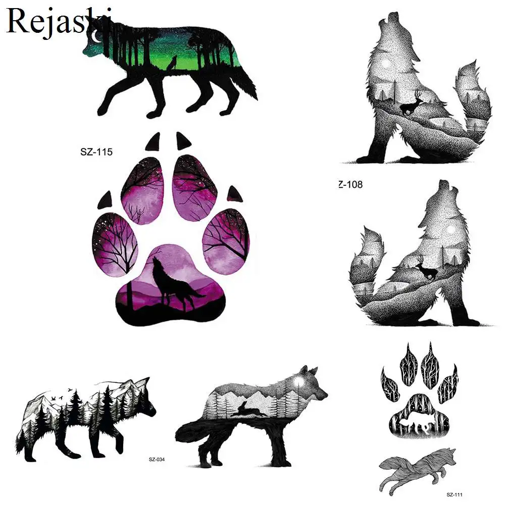 

Rejaski Black Howling Wolf Tattoo Stickers Men Arm Art Temporary Tattoo Women Watercolor Dog Paw Forest Waterproof Tatoos