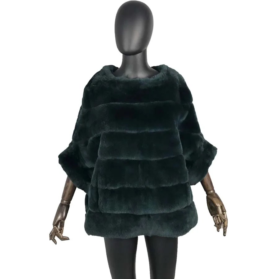 Top Selling Natural Rex Rabbit Fur Coat Batwing Sleeve Short  Jacket Women Winter Warm Fashion Overcoat