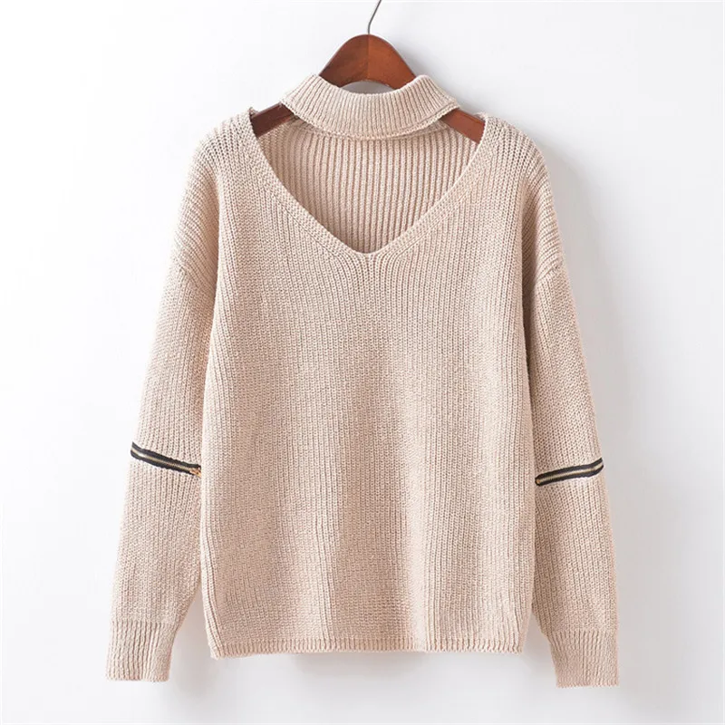 Sweater Zipper Sleeves Knitted Pullover Spring Winter Halter V-neck Jumper Casual Pull Femme Loose Sweaters | Женская одежда
