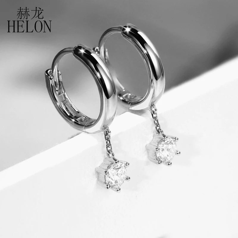 HELON Solid 14 K 585 Белое золото 0.6ct 4 мм VVS/F-G Moissanite Висячие серьги для женщин Свадьба юбилей Висячие серьги ювелирные изделия