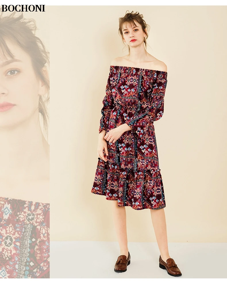 BOCHONI 2018 new arrive summer ruffles party dress red print Женская одежда