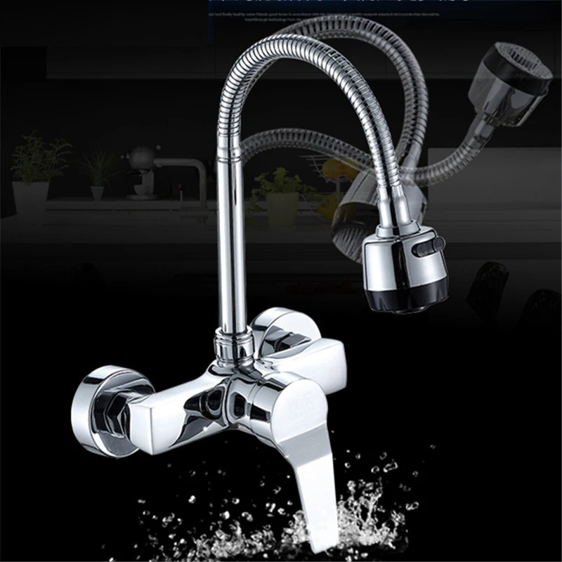 wall mounted stream sprayer kitchen faucet single handle chrome flexible hose kitchen mixer taps dual holes free shipping free global shipping