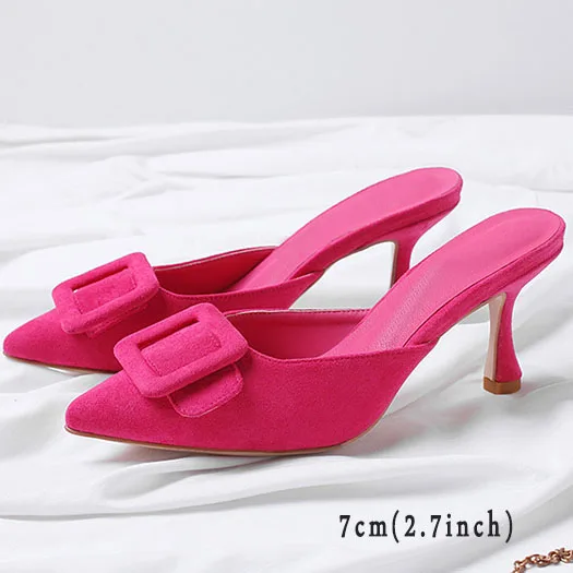 Fuschia 7cm Scarpin черный сандалии насосы известный женщина Указательный палец итальянский зеленый высокие каблуки средняя пятка 3 дюймовый мюли тапочки персиковый замша китайская новая Китай мода Лето - Цвет: Fuschia 7cm