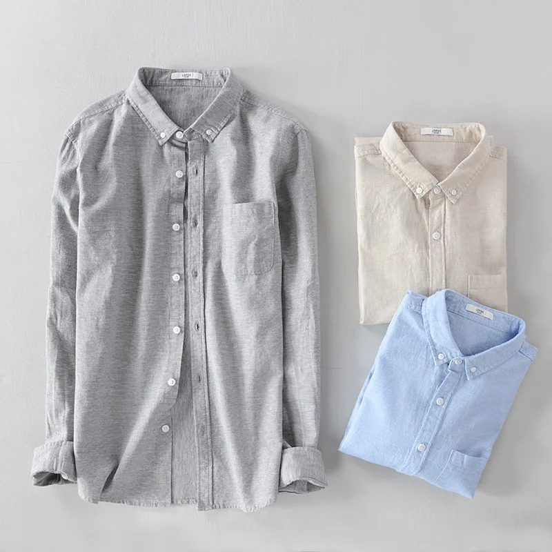 

2018 New long-sleeved flax shirt men cotton and linen shirt mens solid gray shirts male turn-down collar men's shirts overhemd