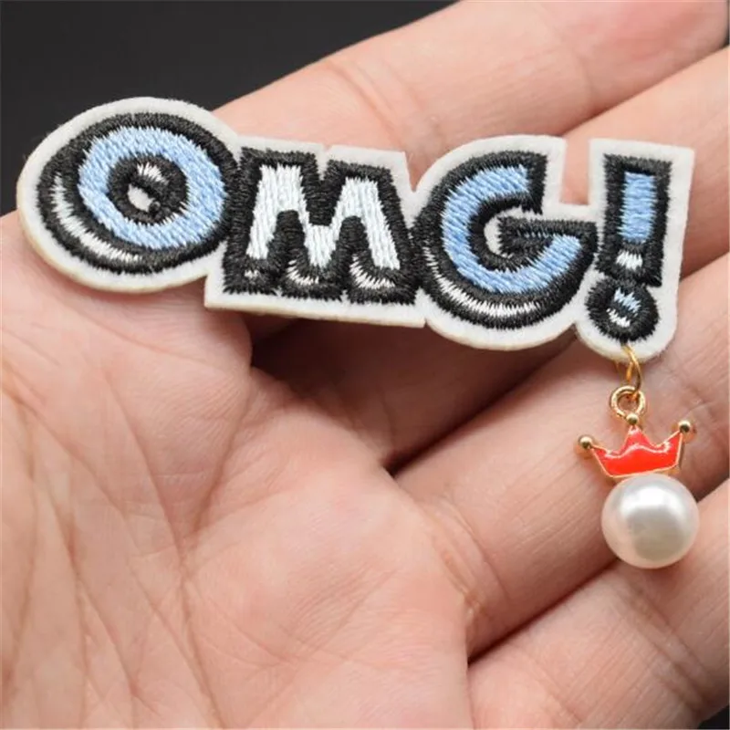 Вышитое железо на заплатах для одежды OMG! Жемчужная Корона логотип справиться с
