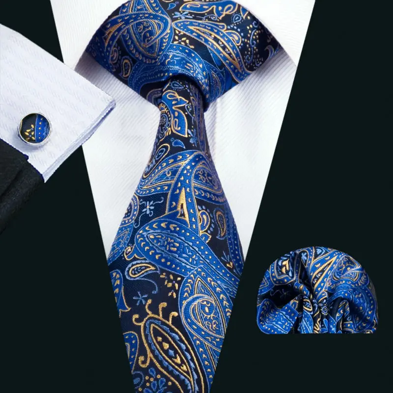 

FA-1447 2018 Best Fashion New Mens Tie Blue Paisley Silk Jacquard Necktie Hanky Cufflinks Set For Business Wedding Party