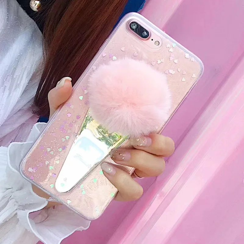 NPHACC Cute DIY Ice Cream Fur Ball Phone Case for Iphone 6 6S Plus 7 8 X Transparent Soft TPU Love Heart Back Cover Coque |