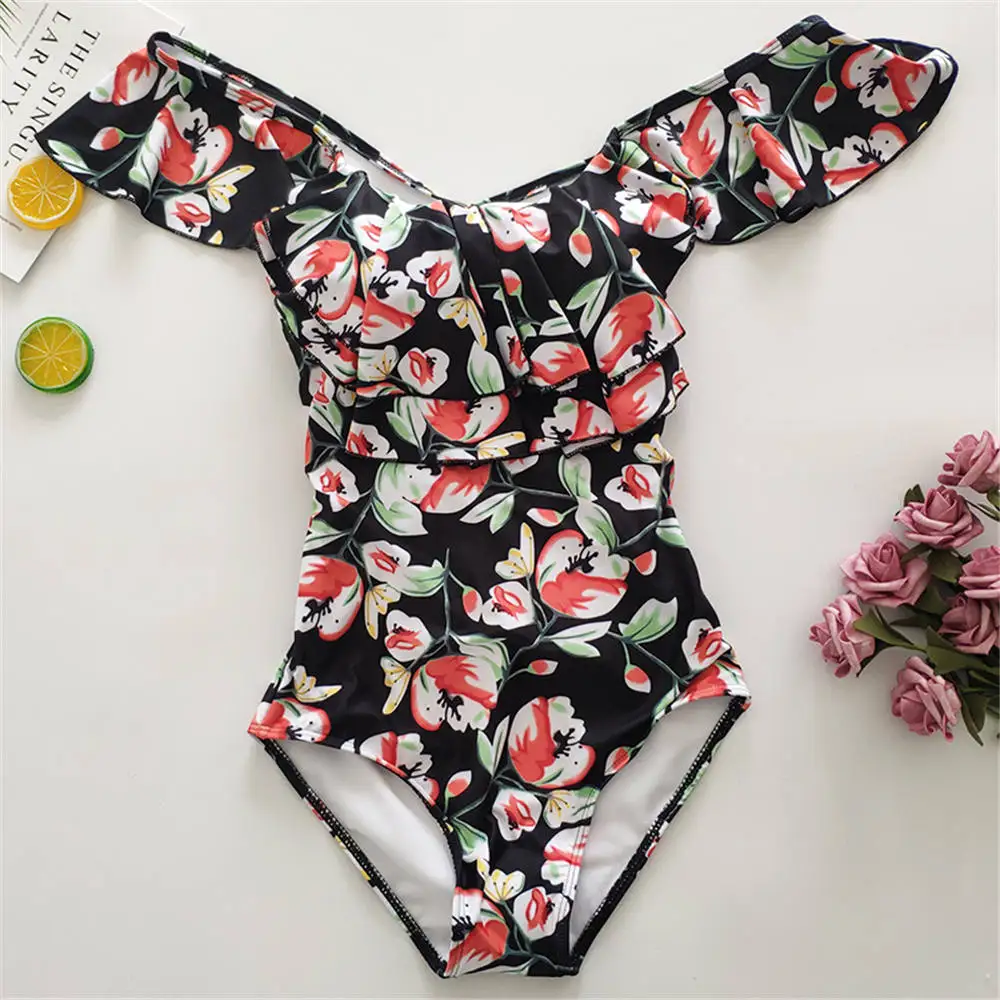 Женский купальник с открытыми плечами Одноцветный оборками монокини бандаж