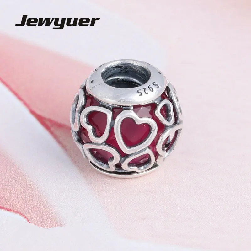Valentine's Day Cerise Encased in Love charms 925 Sterling Silver heart beads fit charm Bracelets DIY fine jewelry Jewyuer BE434 |