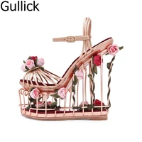 new design women floral ankle buckle strap wedding shoes elegant flower decoration hollow out high platform wedge heel sandals