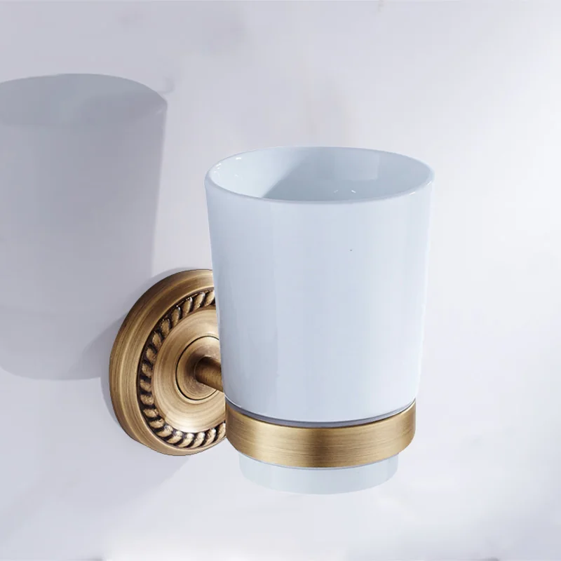 Single Cup Holder Бронзовые аксессуары для ванной комнаты, антикварный держатель для туалетной щетки, винтажный держатель для туалетной бумаги в рулоне, керамический двойной держатель для чашки, латунная мыльница - Цвет: Single Cup Holder