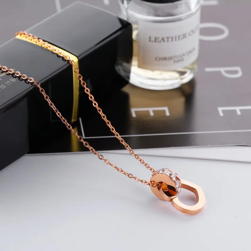 Sweet Pendant Necklaces Heart Rose Gold Stainless Steel Round Pure White Cubic Zircon Link Chain Romantic Designer Women Jewelry | Украшения