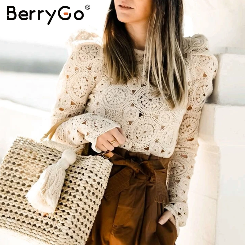 BerryGo Просто, элегантно с длинным рукавом кружевная блузка для женщин выдалбливают Вышивка Твердые Топы вязаный пуловер Женский шикарный Повседневный Женский blusas