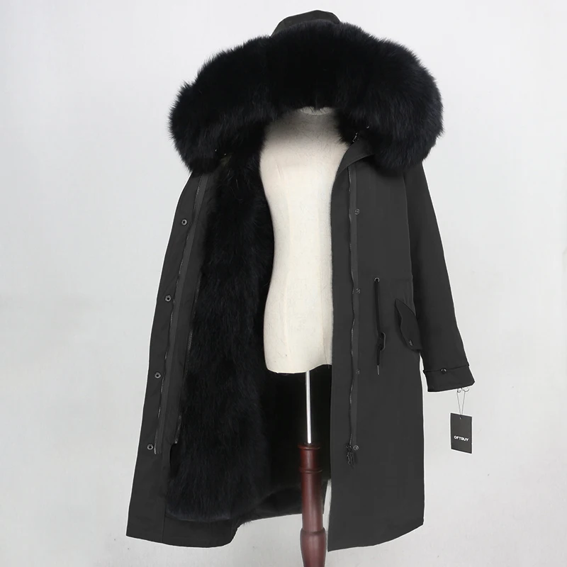 full black OFTBUY X-long Parka, водонепроницаемая ткань, верхняя одежда, зимняя куртка для женщин, натуральный Лисий мех, капюшон, Лисий мех, подкладка, натуральный мех, пальто, съемный - Цвет: full black