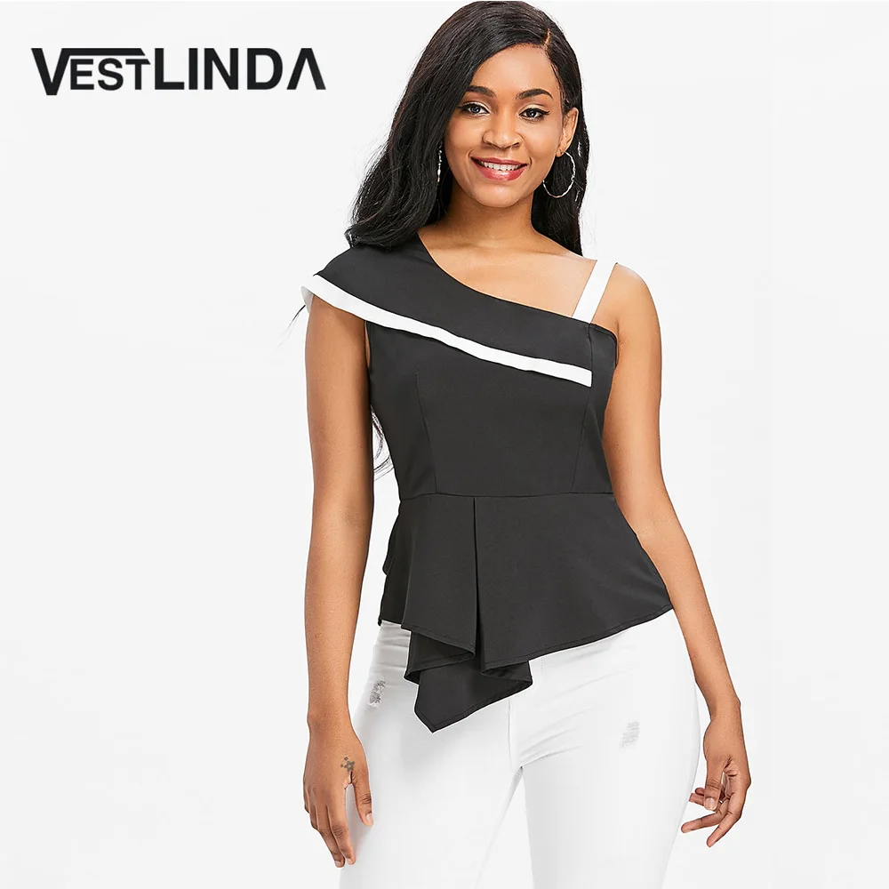 VESTLINDA одно асимметрия на плечо шею длинной баской Асимметричный черная блузка