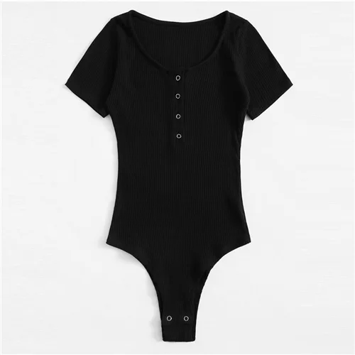 Черный SweatyRocks цельное кольцо с глубоким вырезом, боди, уличная одежда, Женский Повседневный комбинезон,, летние обтягивающие черные базовые боди - Цвет: Черный