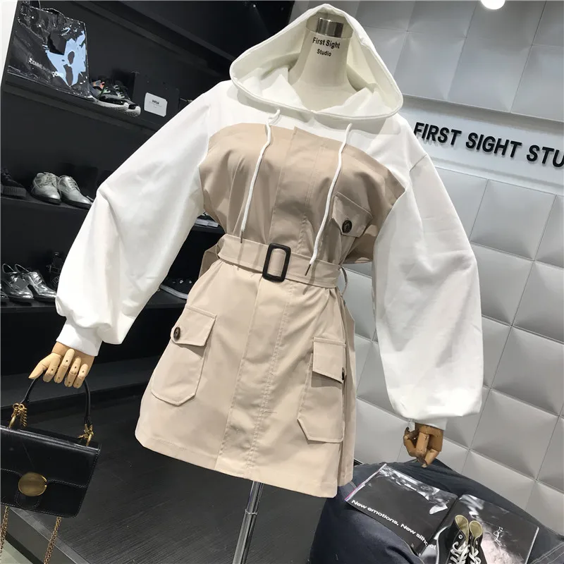 Neploe капюшоном Лоскутная модная одежда для девочек женское платье пояса